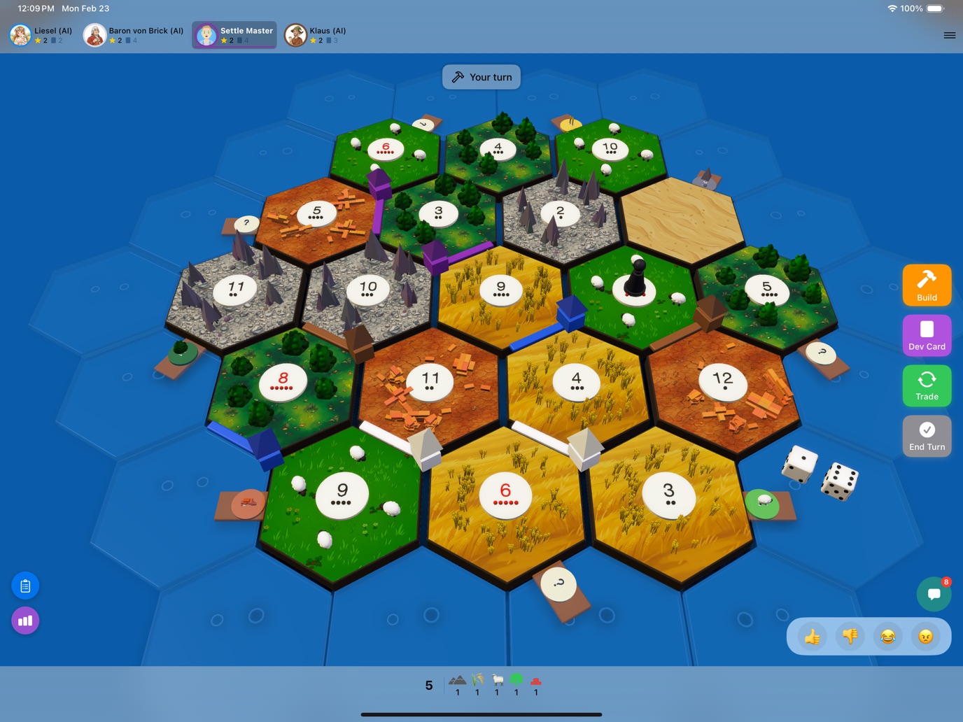 SettleUp 3D game board with hexagonal terrain tiles, settlements, and roads