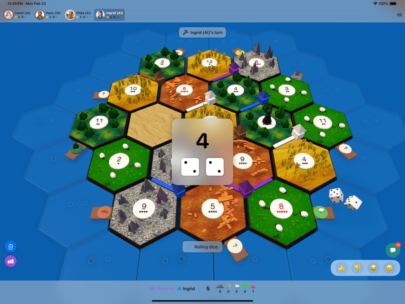 3D dice rolling animation during gameplay