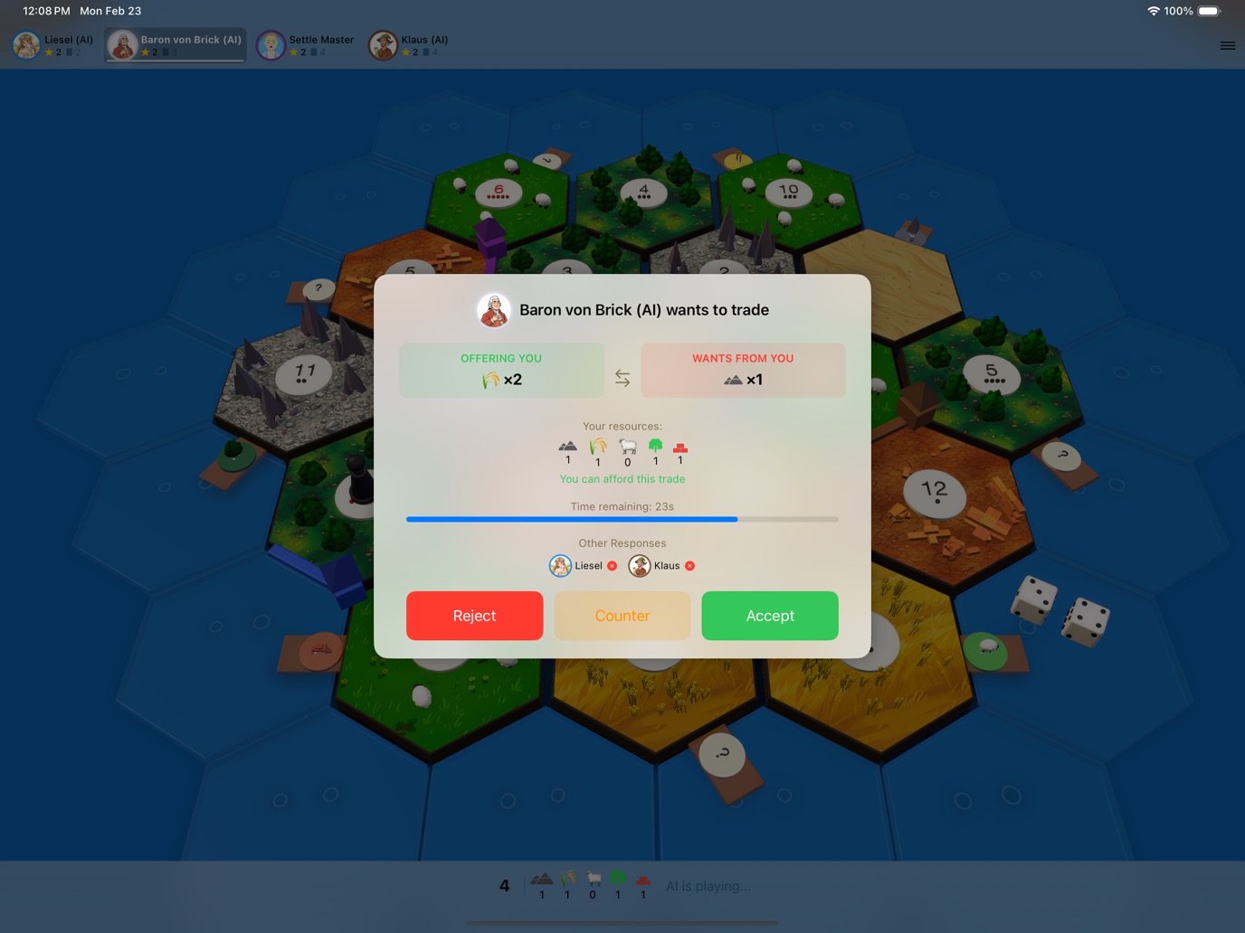 Resource trading interface with AI opponents
